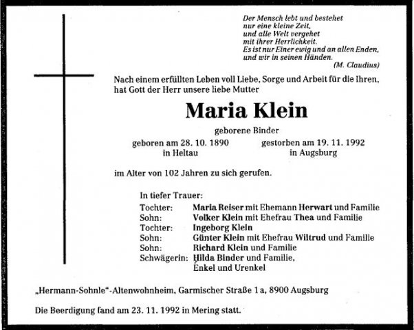Binder Maria 1890-1992 Todesanzeige